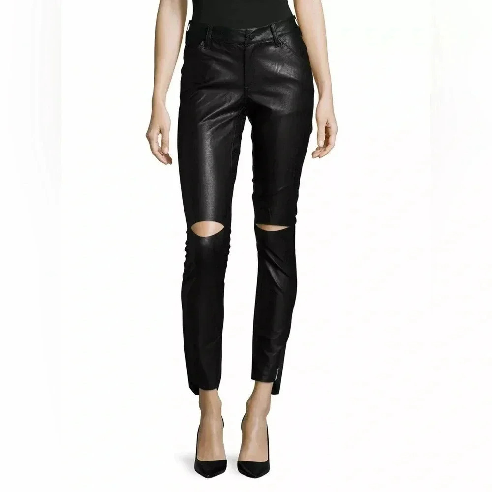 One Teaspoon Faux Leather Pants Leggings Black Skinny Straight Leg slit knee S
